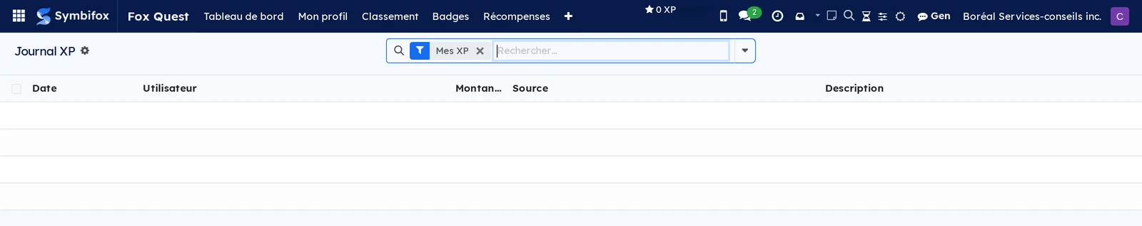 Journal XP : liste des transactions avec la date, le montant, la source, la description et la référence de chacune
