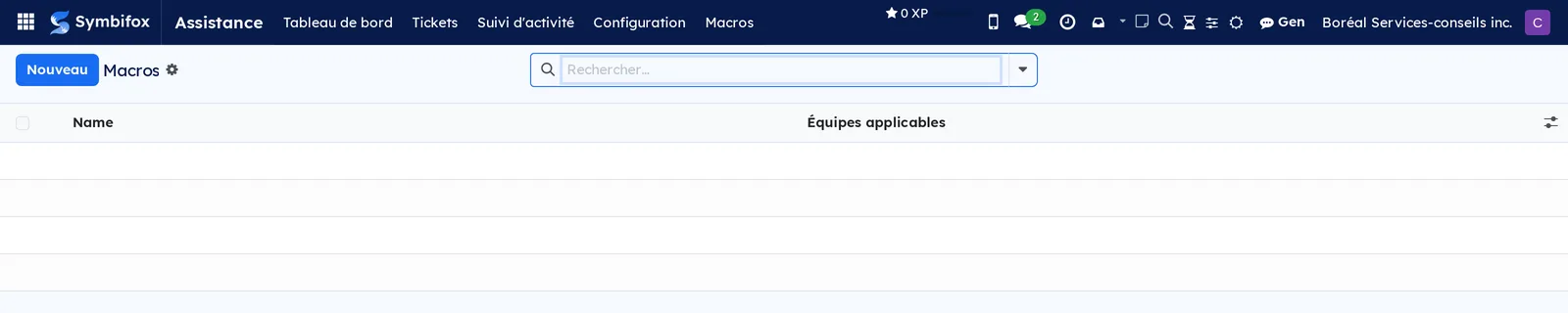 Liste Macros de Boréal, vide, avec les colonnes Name et Équipes applicables