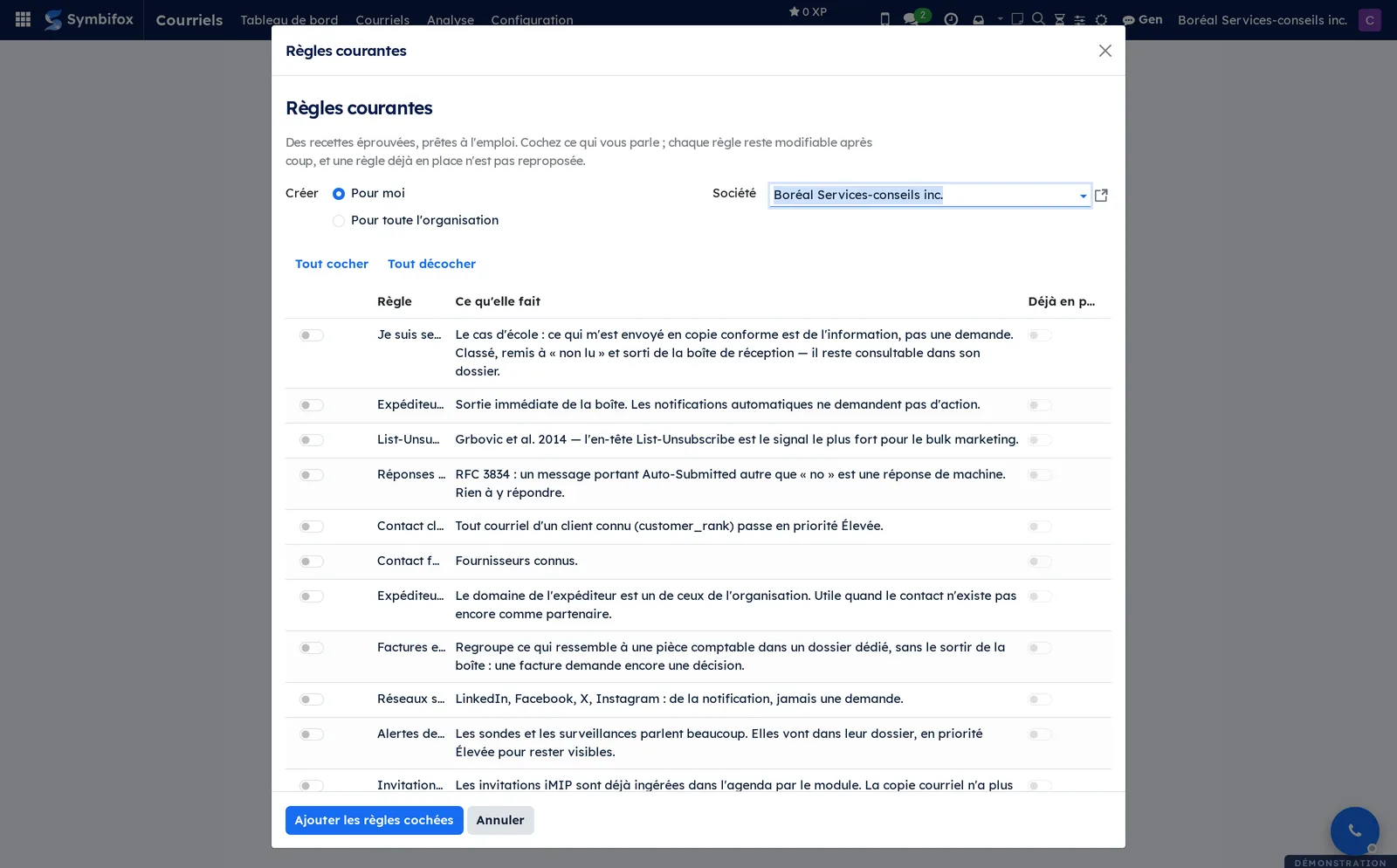 Fenêtre Règles courantes : liste de recettes à cocher avec leur effet, portée personnelle ou organisation