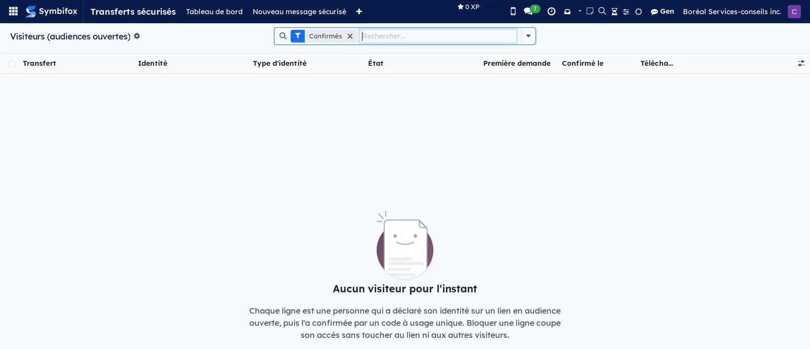 Écran des visiteurs d'audiences ouvertes, vide, avec son texte d'aide