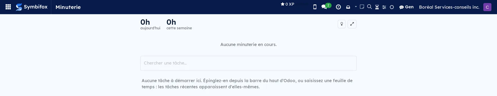 Page Minuterie de la démo sans minuterie en cours : totaux 0h aujourd'hui et 0h cette semaine, champ Chercher une tâche et texte d'aide