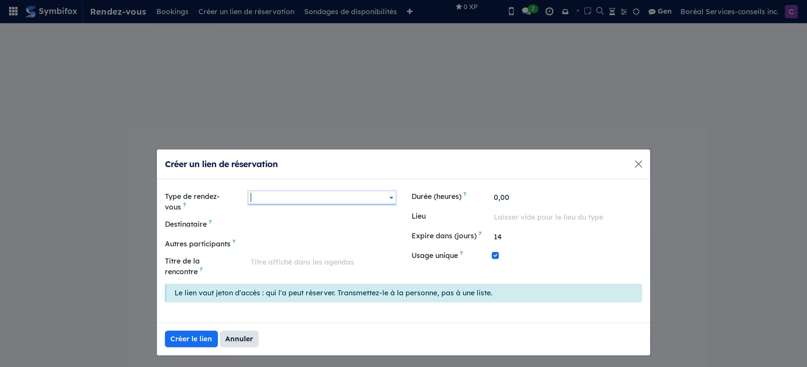Assistant Créer un lien de réservation, avec le type, le destinataire, la durée, l'expiration et la case Usage unique