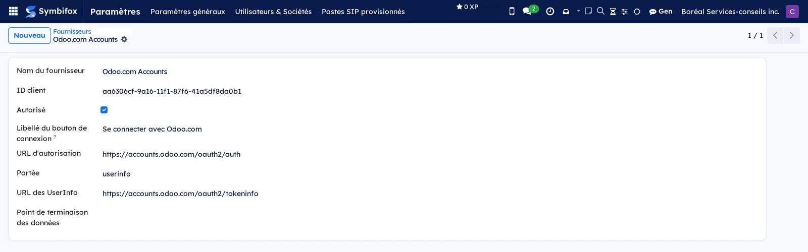 Fiche du fournisseur OAuth Odoo.com Accounts avec l'ID client, la case Autorisé et les adresses d'autorisation