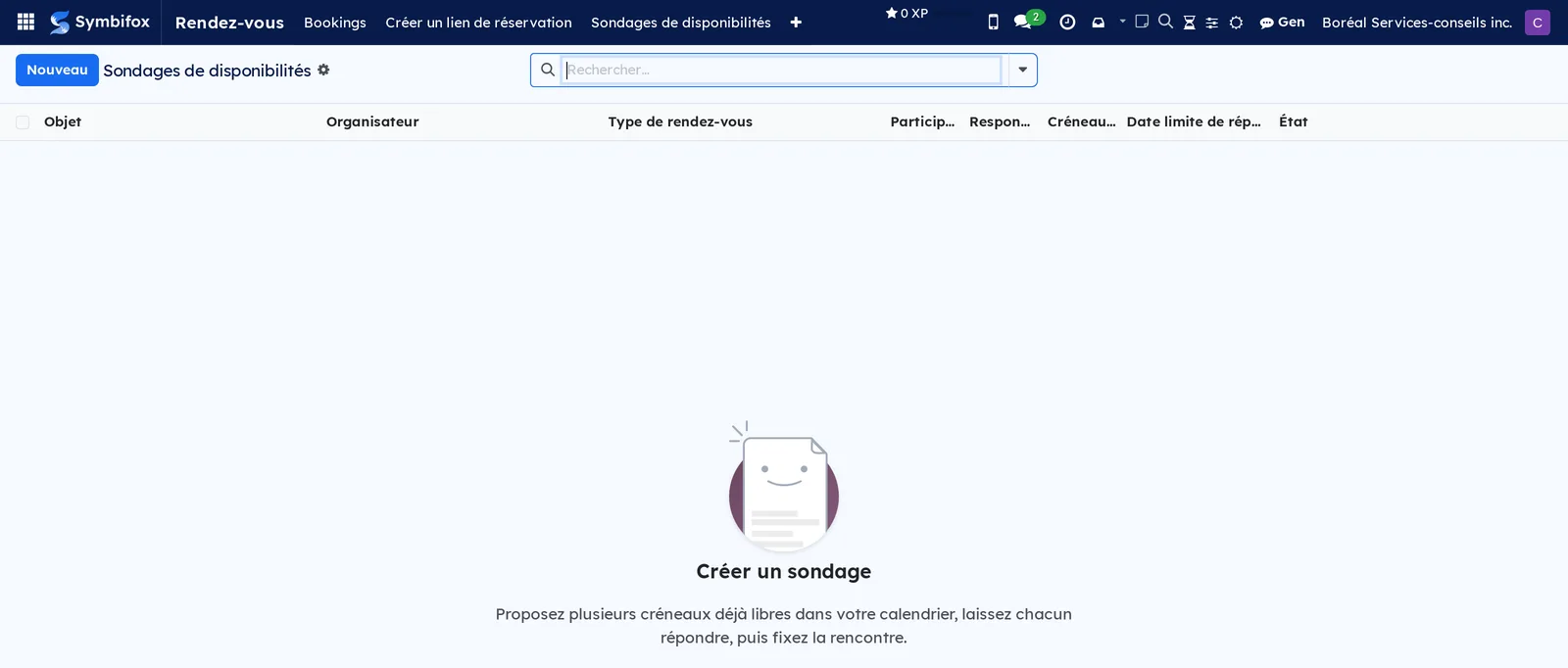 Écran des sondages de disponibilités, vide sur la démo, avec les colonnes Objet, Organisateur, Type de rendez-vous et État