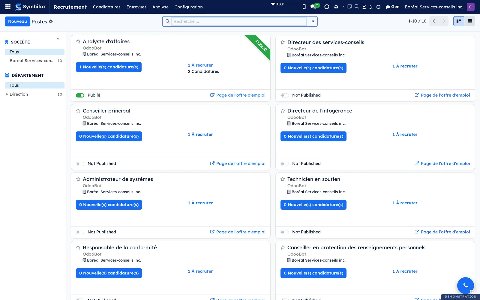 Écran Par poste de l'application Recrutement