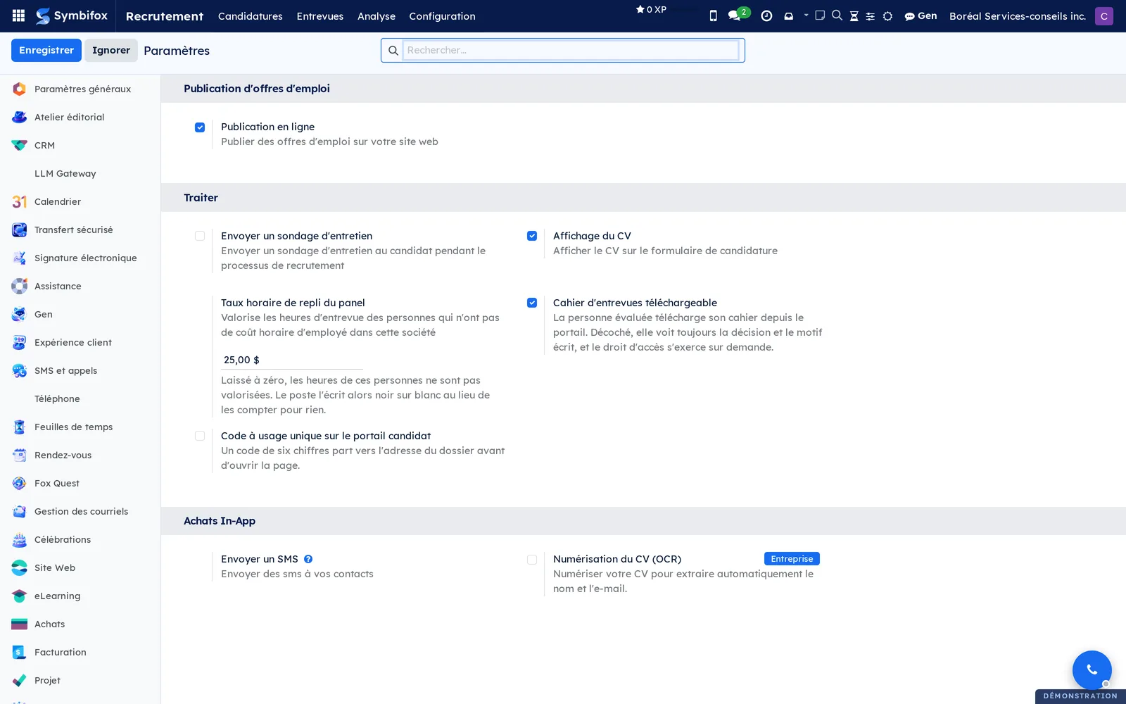 Paramètres de Recrutement : publication en ligne, sondage d'entretien, affichage du CV, taux horaire de repli du panel, cahier téléchargeable, code à usage unique