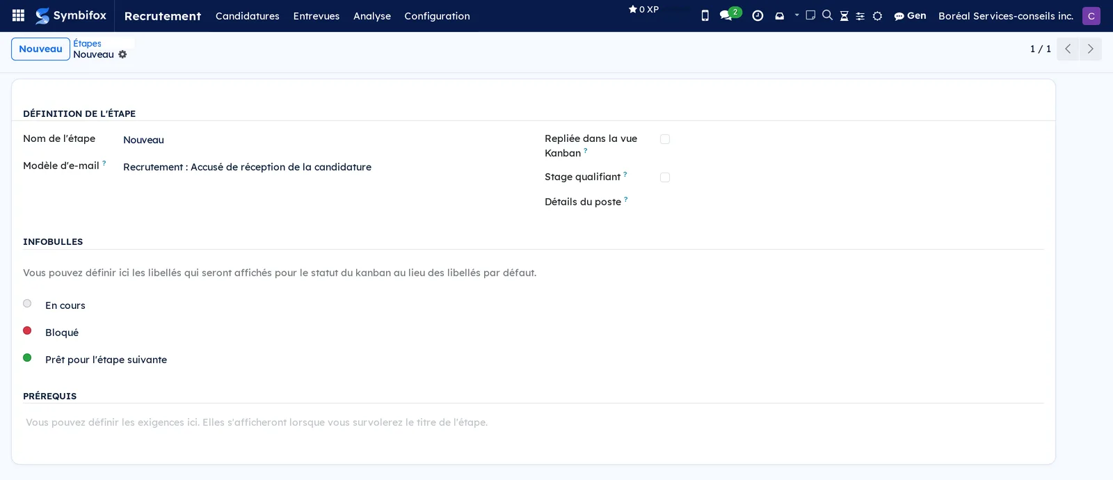Étape Nouveau : nom, gabarit de courriel Recrutement : Accusé de réception de la candidature, options kanban, infobulles En cours, Bloqué et Prêt pour l'étape suivante