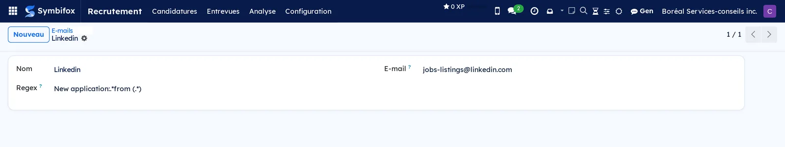 Plateforme Linkedin : nom, adresse d'expédition des candidatures et expression qui en extrait le nom du candidat