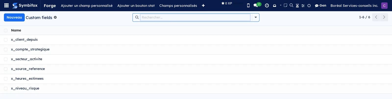 Liste des six champs personnalisés de la démo, avec leur nom technique