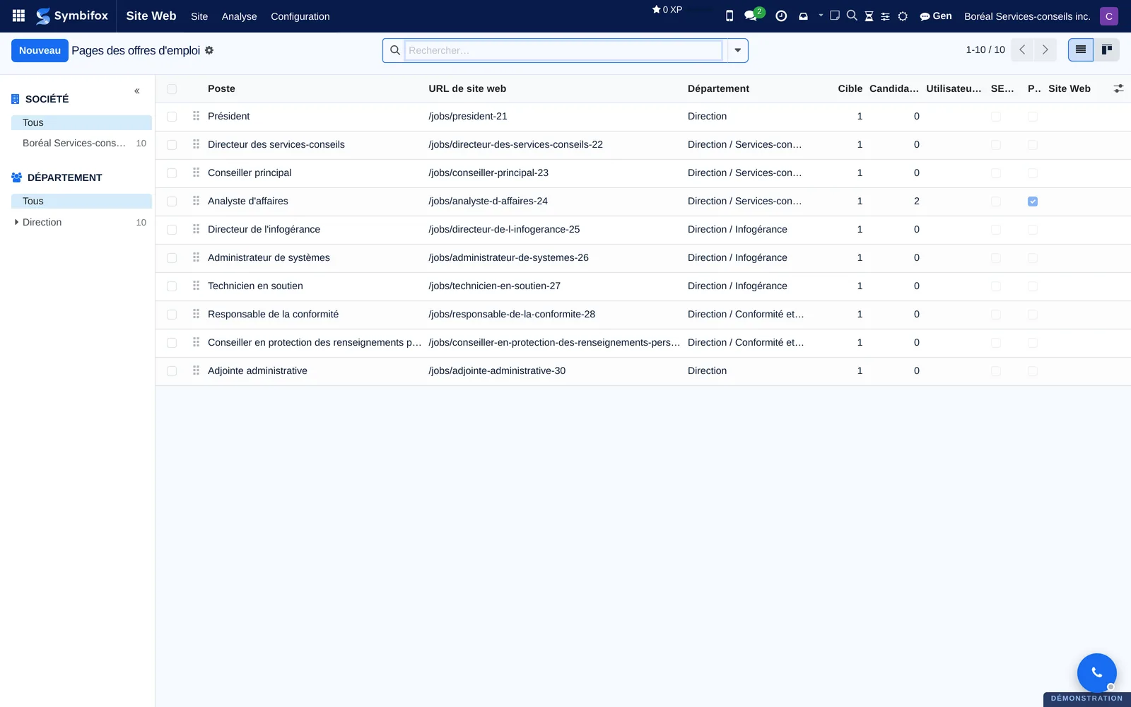 Liste des offres d'emploi : poste, adresse publique, département, candidatures et état de publication
