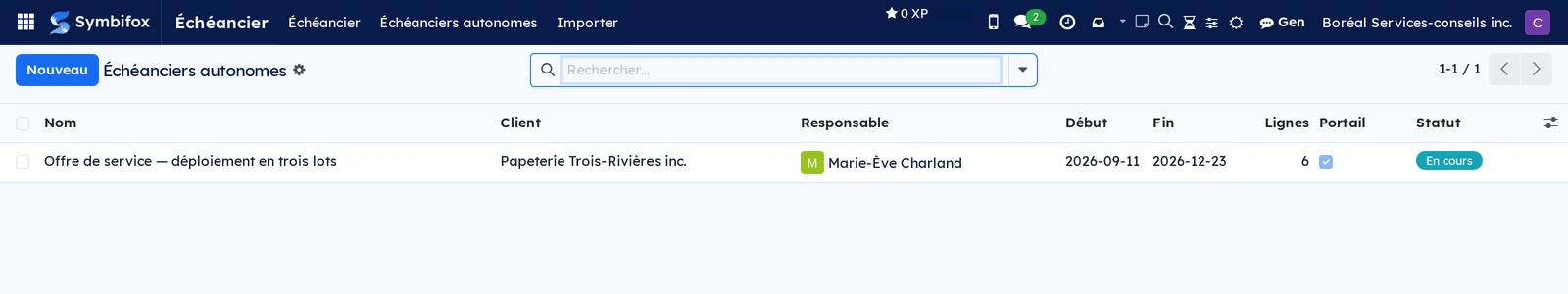 Liste des échéanciers autonomes avec client, responsable, dates, nombre de lignes, case Portail et statut
