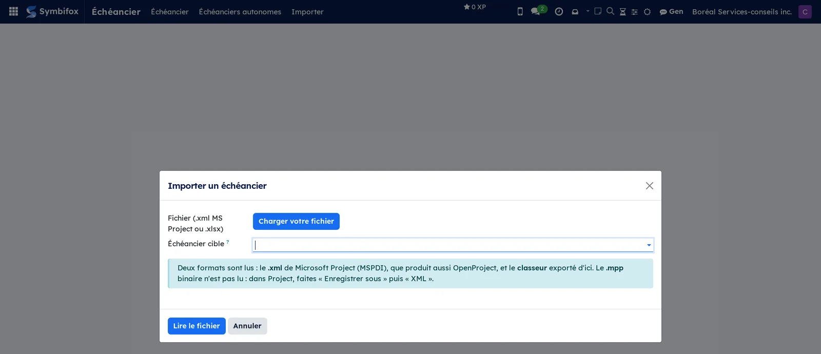 Assistant Importer un échéancier avec le bouton Charger votre fichier, le champ Échéancier cible et les formats admis
