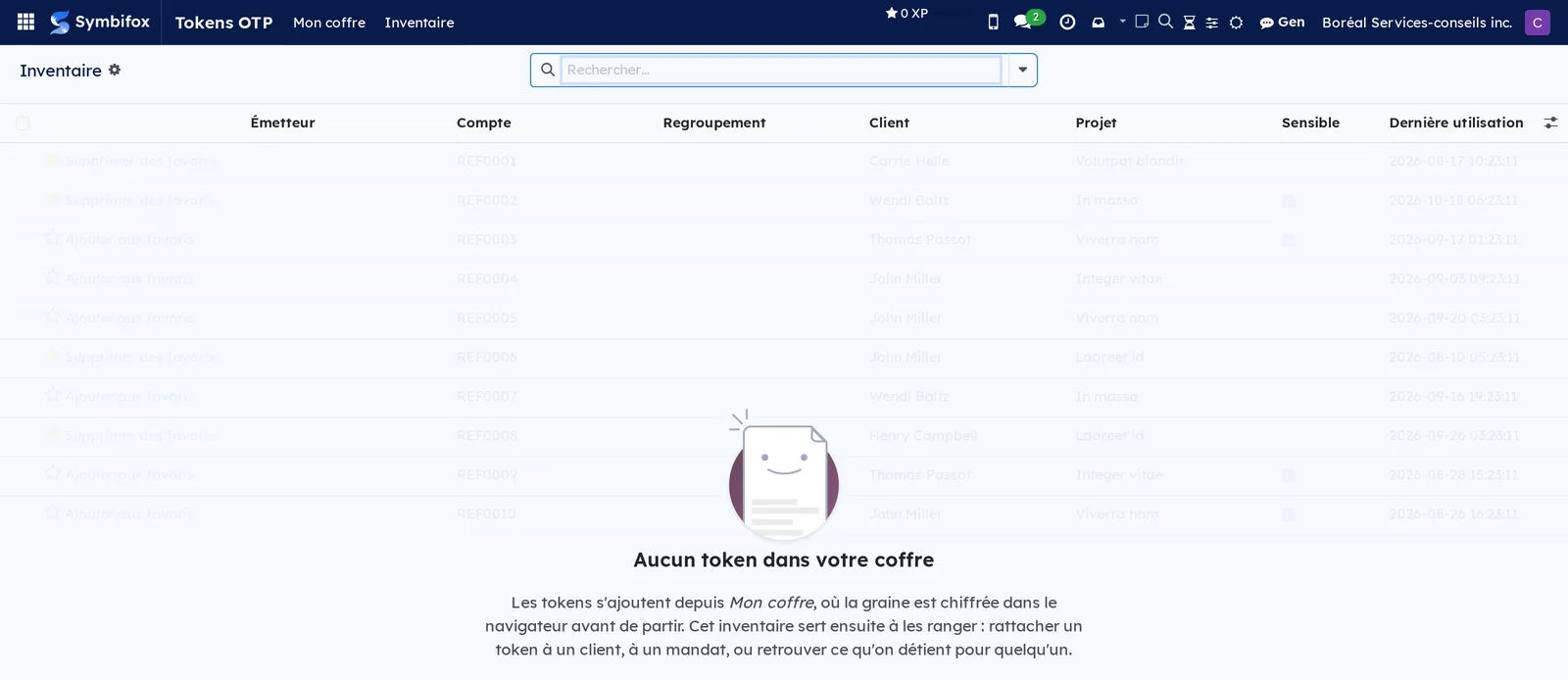 Inventaire des tokens OTP, vide pour la personne connectée, avec son texte d'aide