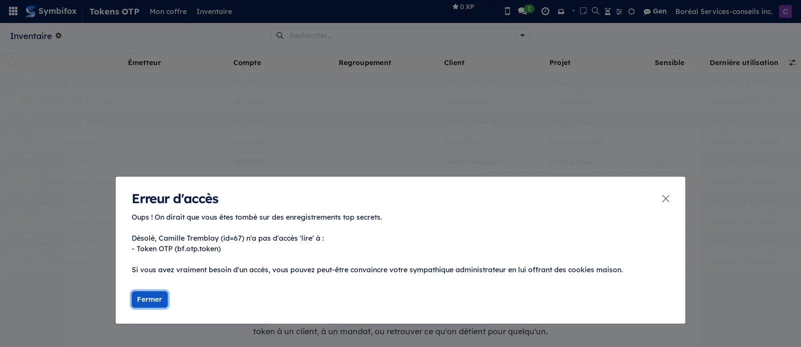 Message de refus d'accès à un token qui appartient à une autre personne