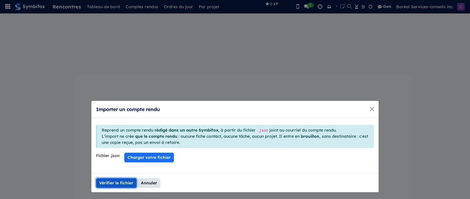 Fenêtre d'import d'un compte rendu, avec le chargement du fichier et les boutons Vérifier le fichier et Annuler