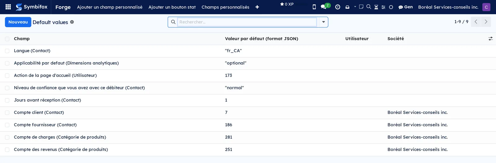 Liste des valeurs par défaut de la démo, avec le champ visé, la valeur, l'utilisateur et la société