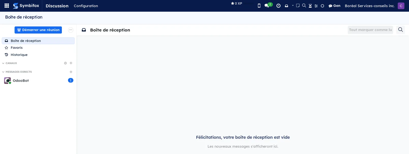 Écran Discussion de Boréal : colonne avec Boîte de réception, Favoris, Historique, Canaux et Messages directs, et boîte de réception vide