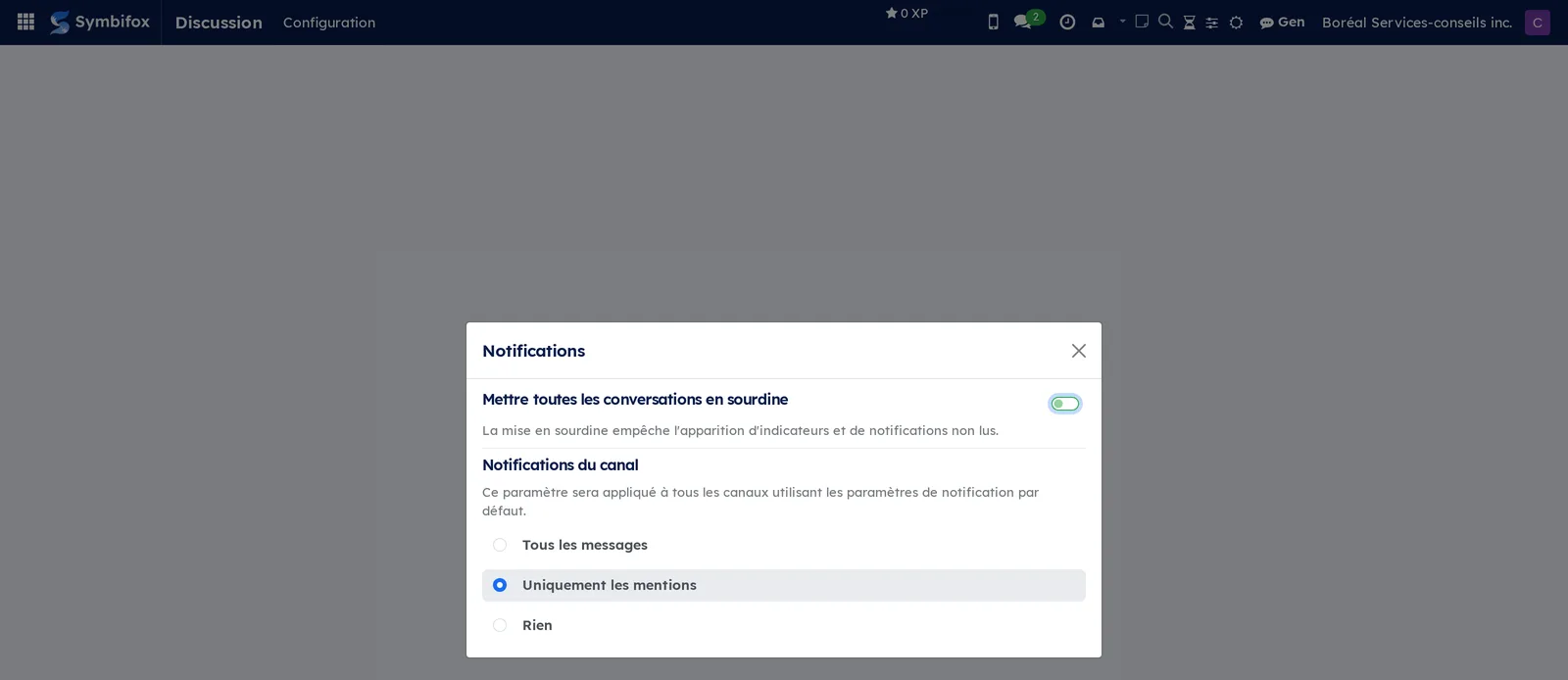 Fenêtre Notifications de Discussion : sourdine générale et choix par défaut des canaux, Uniquement les mentions sélectionné