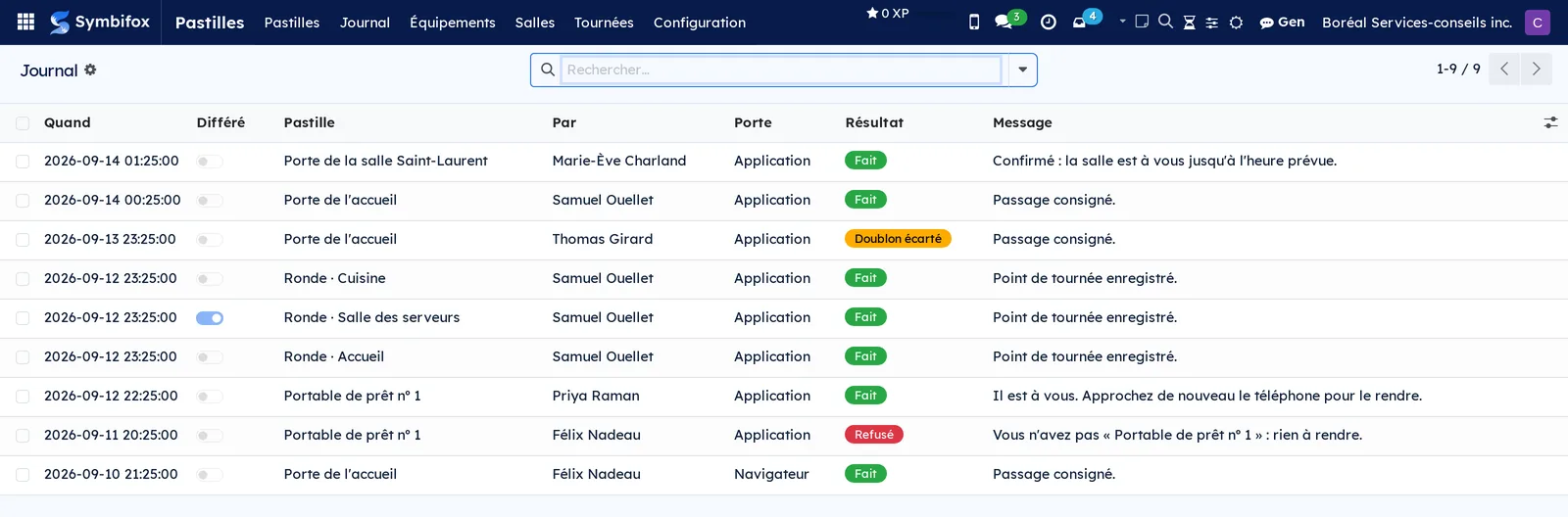 Journal des tapotements avec la porte, le résultat et le message de chacun