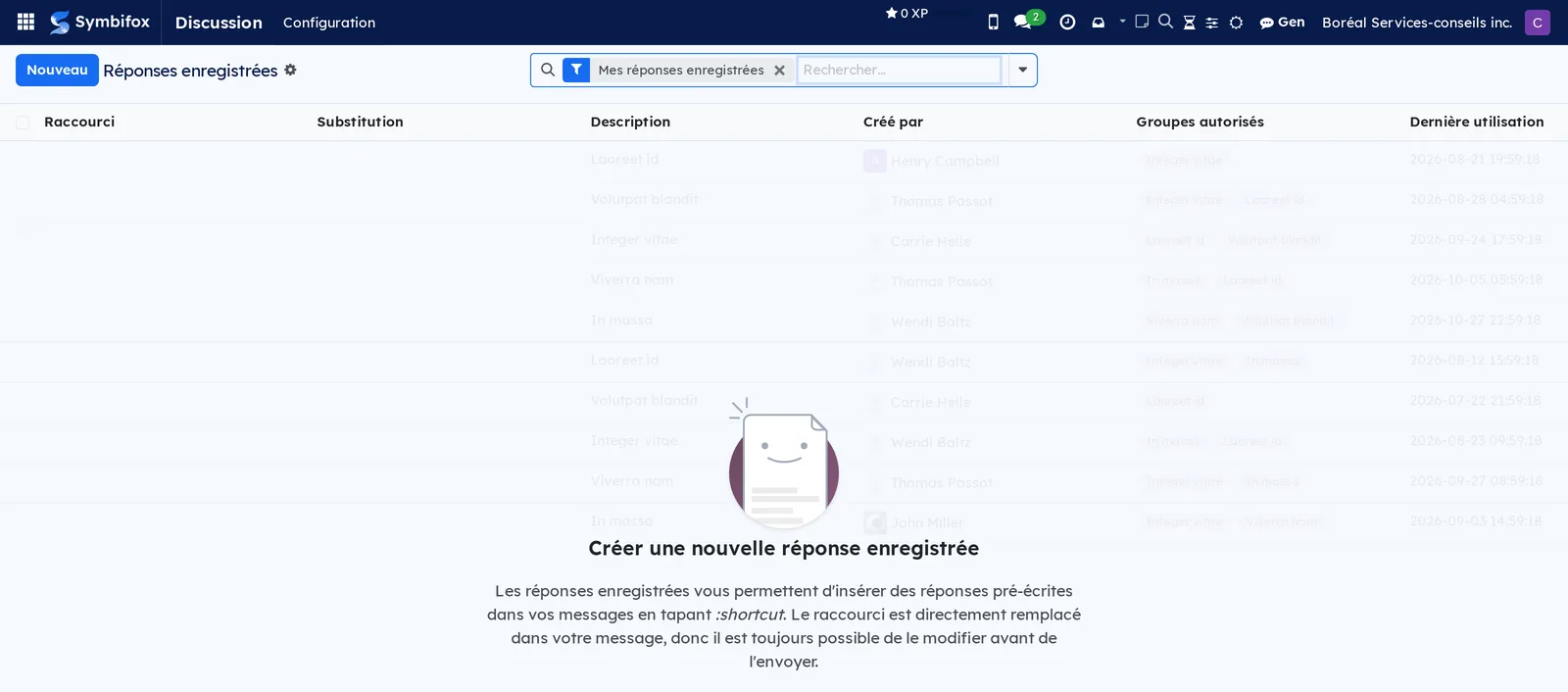 Liste Réponses enregistrées, filtrée sur Mes réponses enregistrées, avec l'aide à la création affichée sur un écran vide