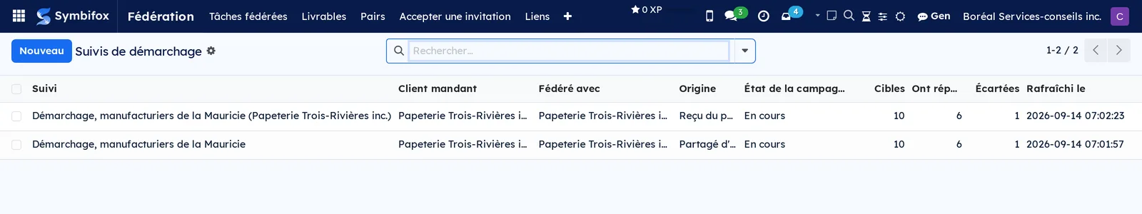 Liste Suivis de démarchage : client mandant, pair, origine, état de la campagne, cibles, réponses et cibles écartées