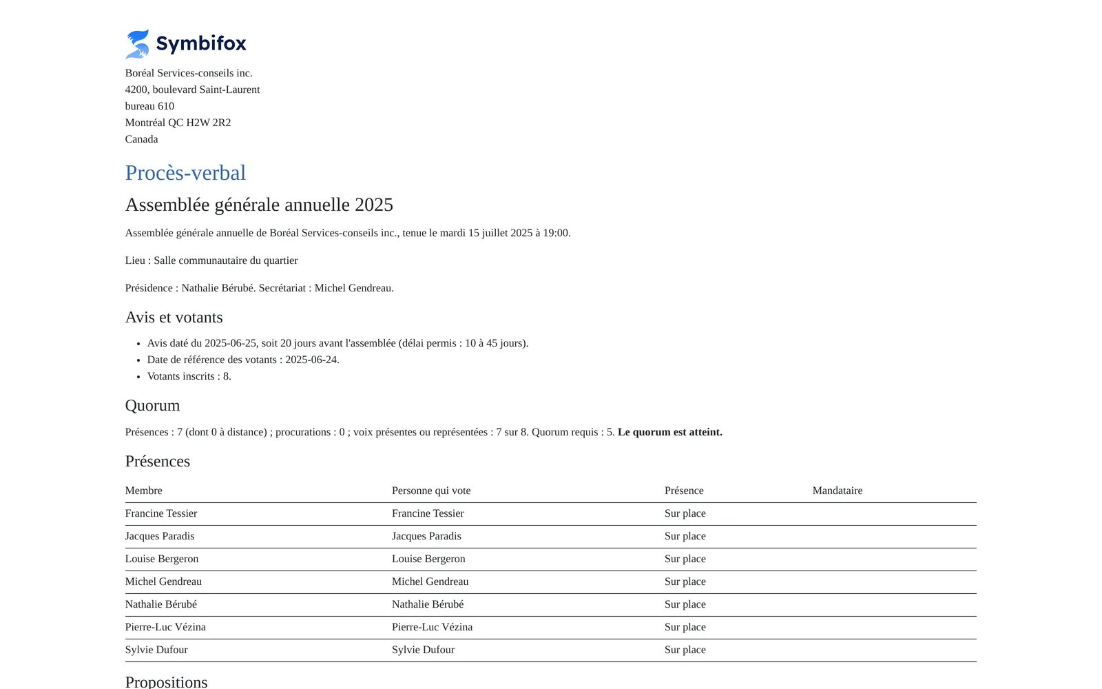 Procès-verbal de l'assemblée annuelle close : avis et votants, quorum atteint, puis les présences