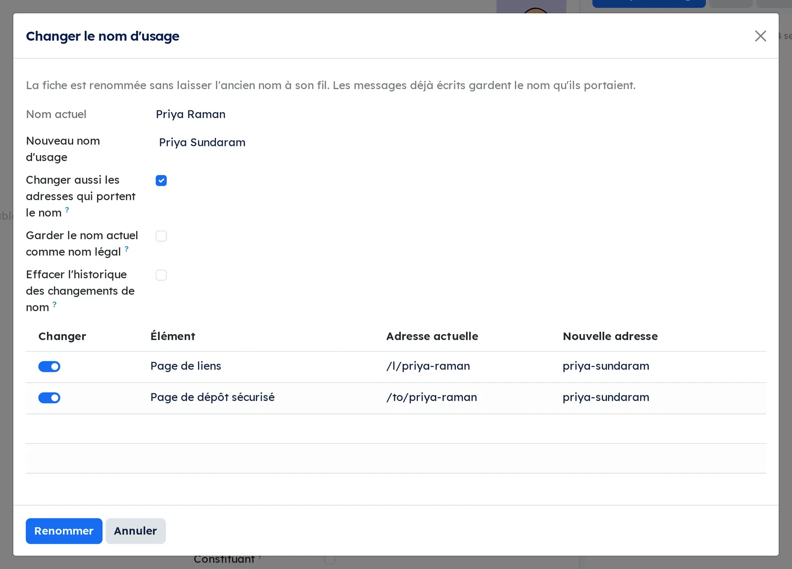 Assistant Changer le nom d'usage rempli avec Priya Sundaram, case des adresses cochée : la page de liens et la page de dépôt proposées en priya-sundaram