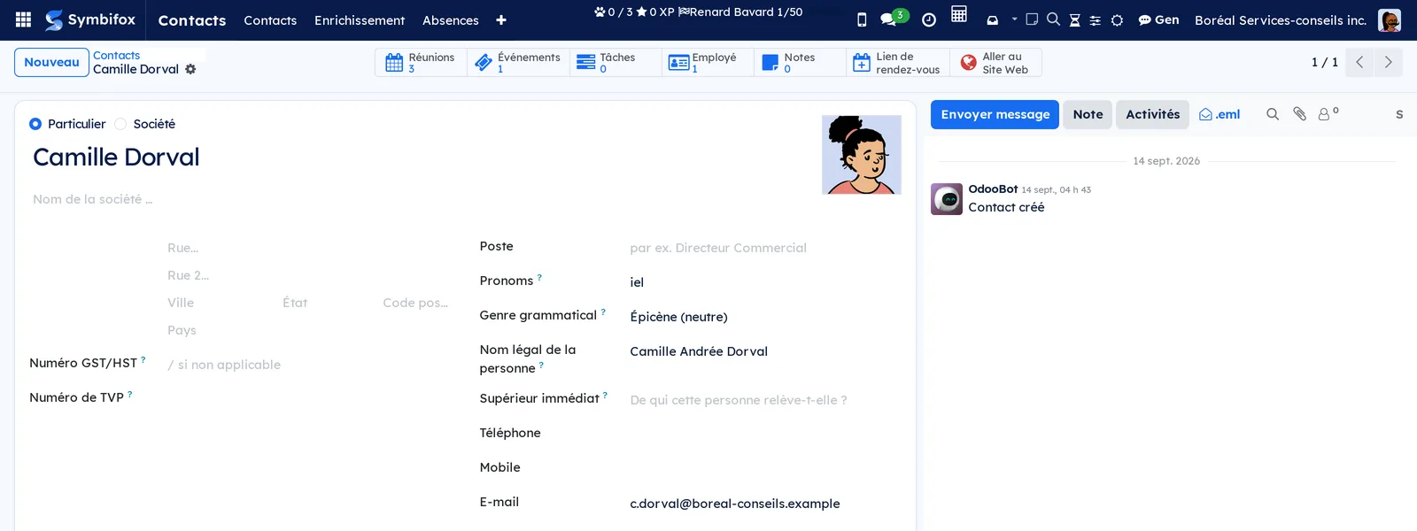 Fiche de Camille Dorval : sous Poste, les champs Pronoms (iel), Genre grammatical (Épicène) et Nom légal de la personne (Camille Andrée Dorval)