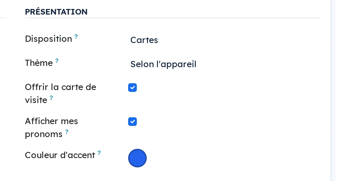 Section Présentation d'une page de liens : sous Offrir la carte de visite, la case Afficher mes pronoms, cochée