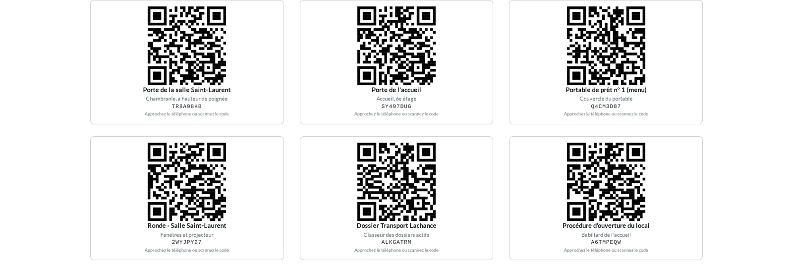 Planche d'étiquettes, chacune avec son code QR, son libellé, son endroit et son code