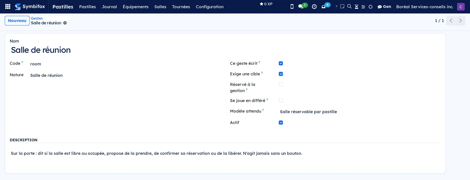 Formulaire du geste Salle de réunion, avec les cases qui décident de la confirmation, de la réserve et du différé