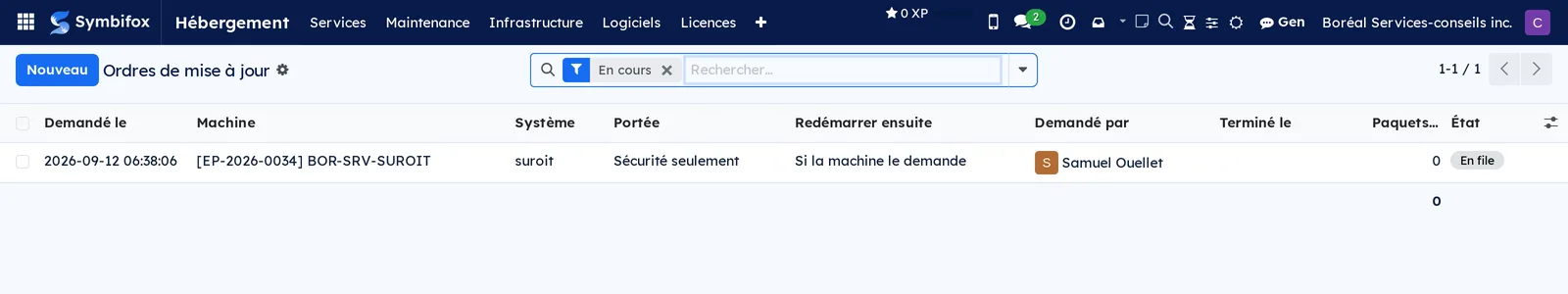 Liste des ordres de mise à jour avec leur cible, leur portée et leur état