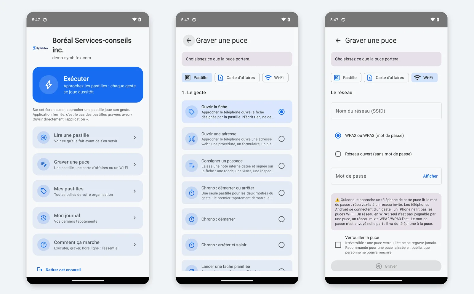Trois écrans de téléphone : l'accueil apparié à Boréal, le choix du geste à graver et la gravure d'un réseau Wi-Fi