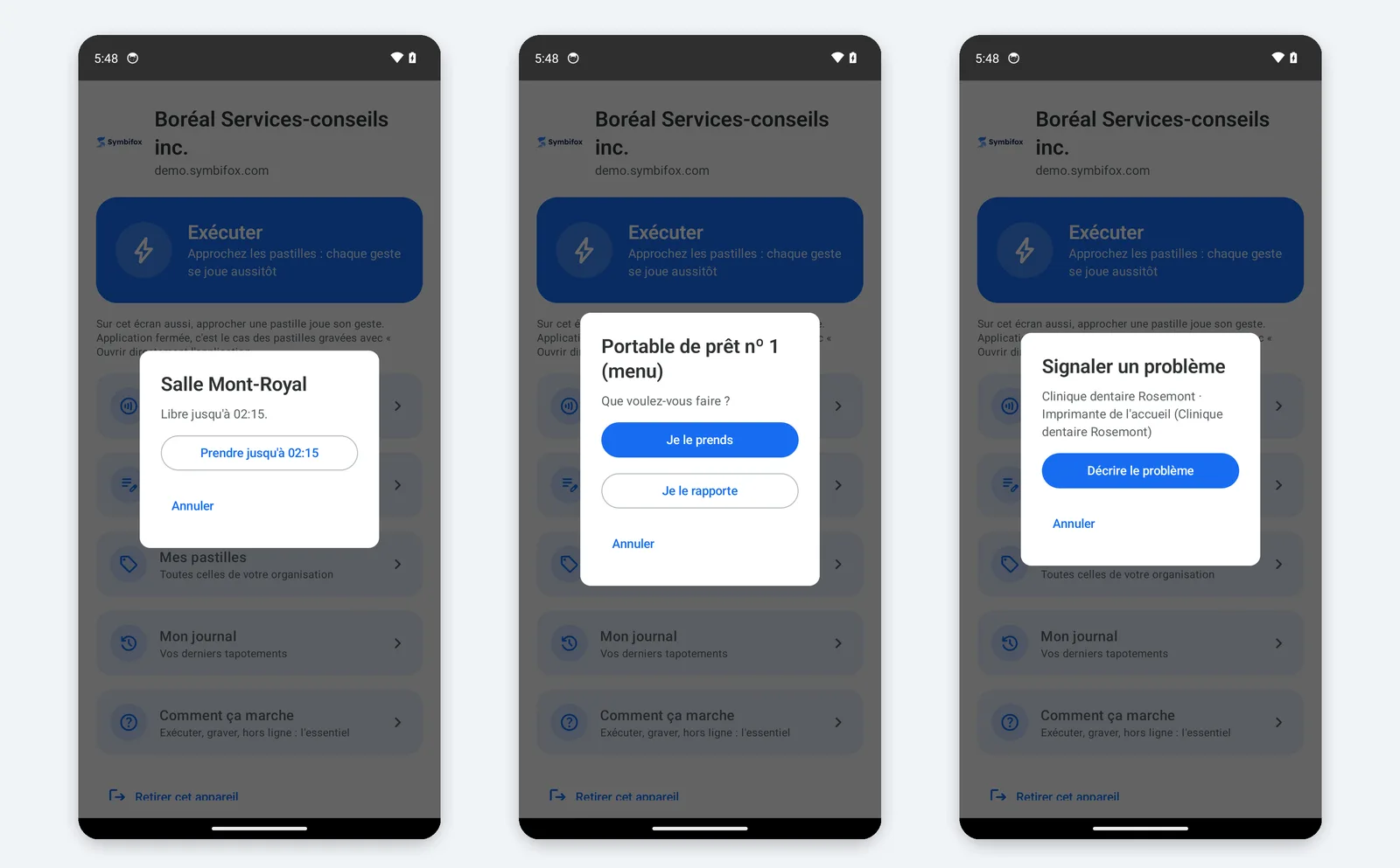 Trois écrans de téléphone : une salle libre avec son bouton Prendre, un menu Je le prends ou Je le rapporte, et Décrire le problème