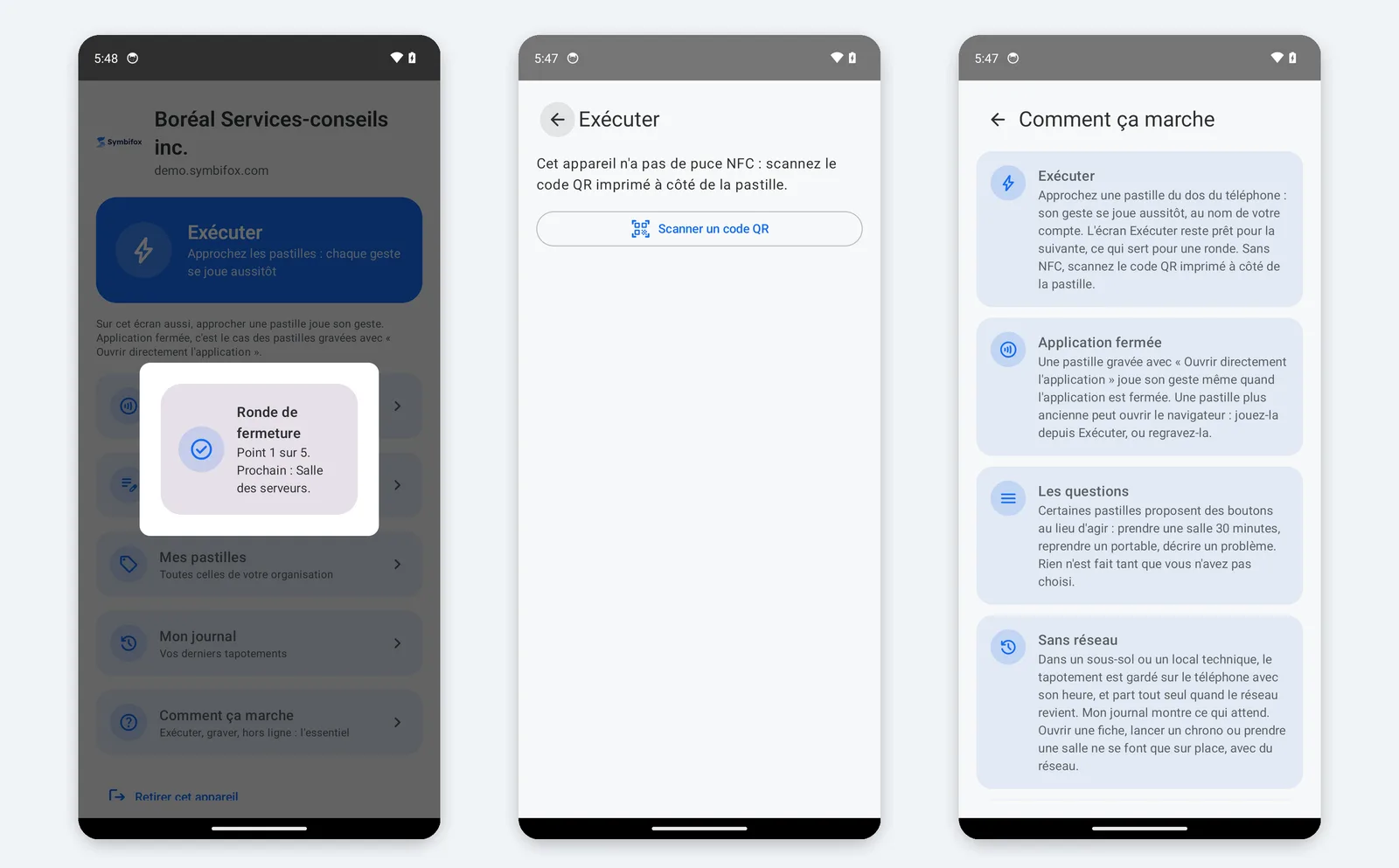 Trois écrans de téléphone : un point de tournée enregistré, l'écran Exécuter avec le lecteur de code QR, et l'aide Comment ça marche
