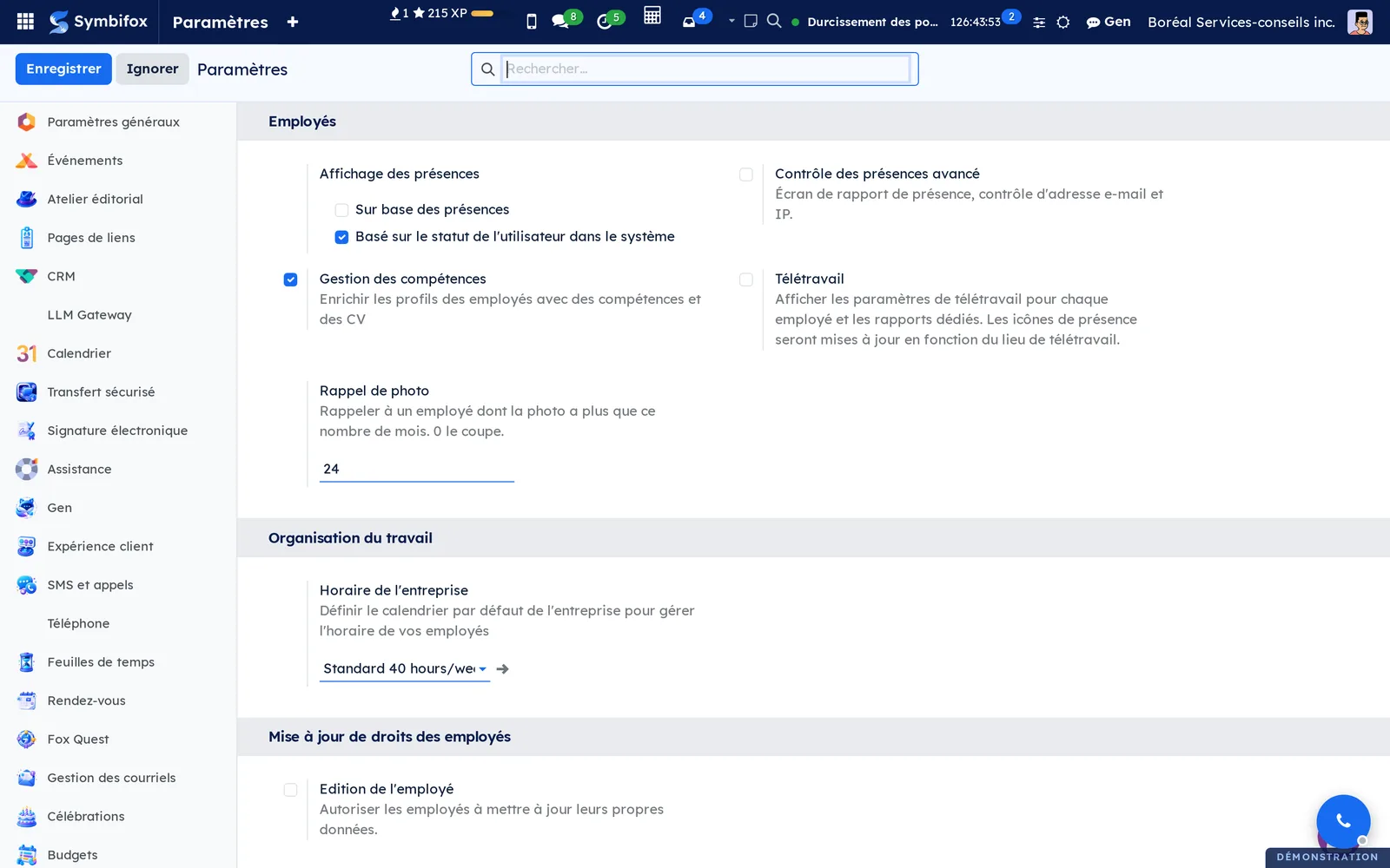 Paramètres d'Employés : réglage Rappel de photo à 24 mois, sous la gestion des compétences