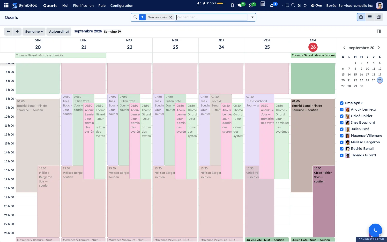 Calendrier de la semaine du 20 septembre : quarts de jour, de soir et de nuit du centre de soutien de Boréal, garde à domicile de Thomas Girard en haut, employés filtrables à droite