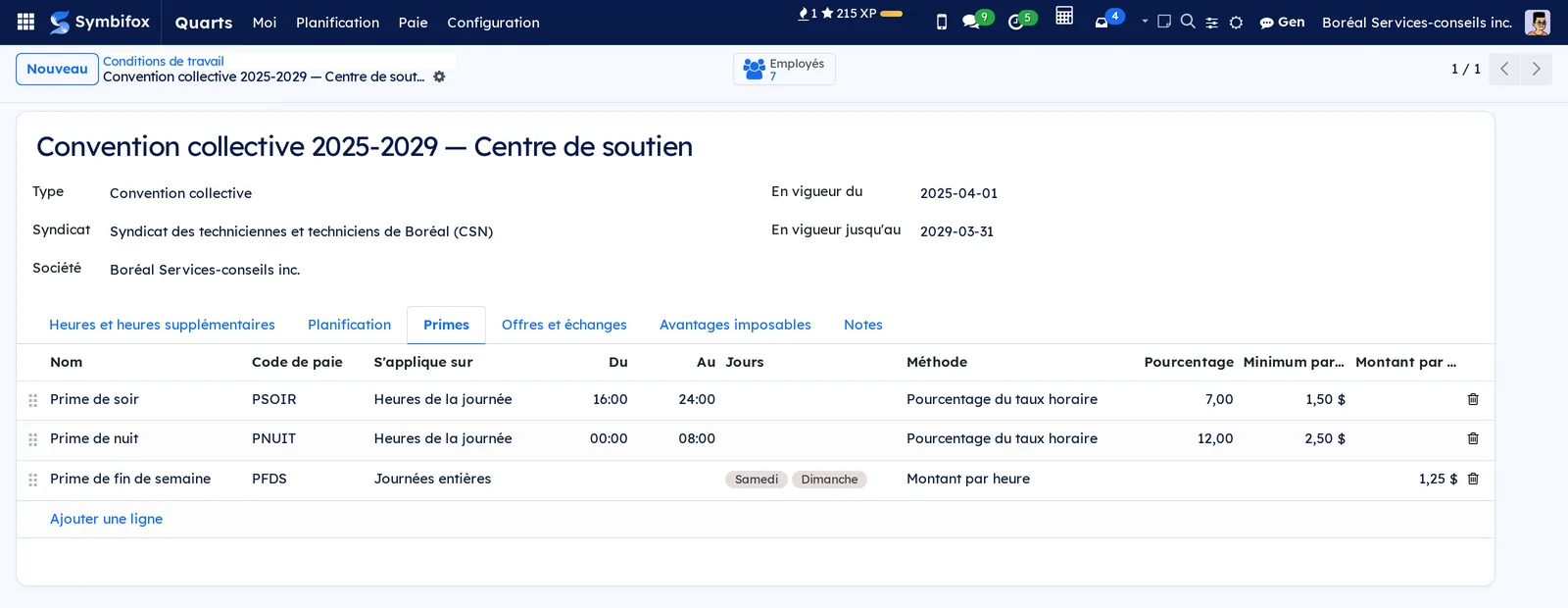 Convention collective 2025-2029 du centre de soutien, onglet Primes : soir de 16 h à 24 h à 7 % avec minimum de 1,50 $, nuit de 0 h à 8 h à 12 % avec minimum de 2,50 $, fin de semaine à 1,25 $ l'heure