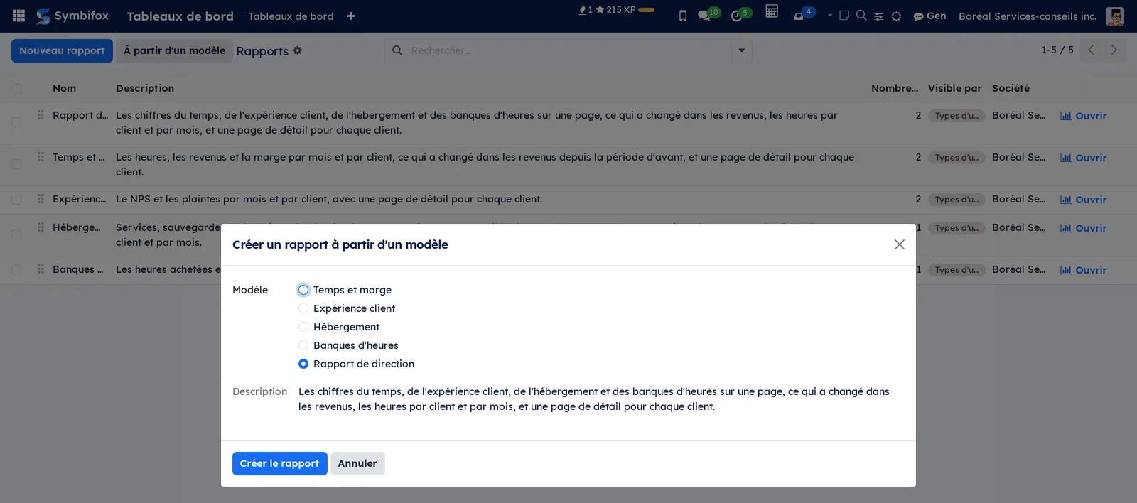 Fenêtre Créer un rapport à partir d'un modèle : cinq modèles, Rapport de direction choisi, sa description, bouton Créer le rapport