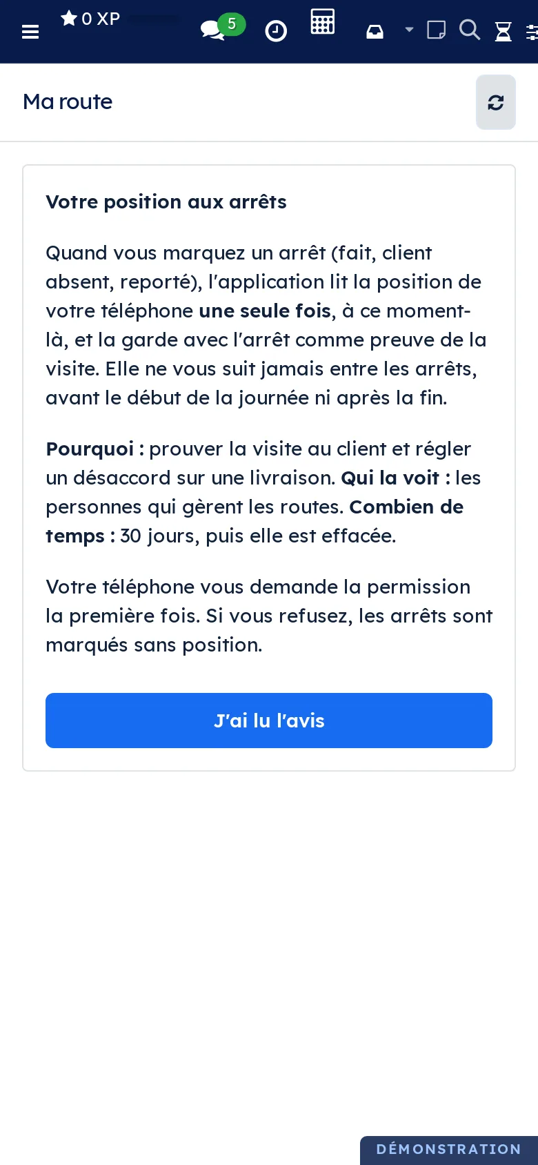 Avis au téléphone : la position lue une seule fois au marquage, pourquoi, qui la voit, combien de temps, et le bouton J'ai lu l'avis