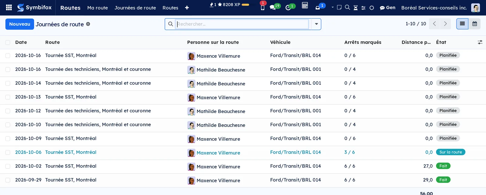 Liste des journées de route : dix journées, planifiées, sur la route ou faites, avec les arrêts marqués et la distance parcourue