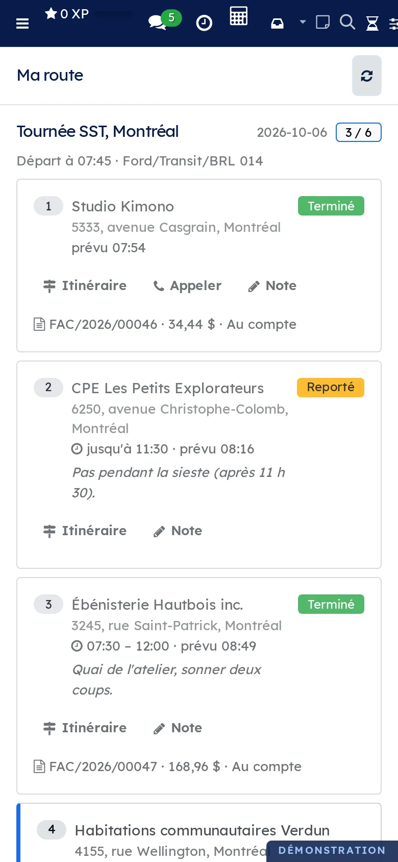 Ma route au téléphone : la tournée SST, trois arrêts marqués, leurs heures prévues et les factures déjà faites
