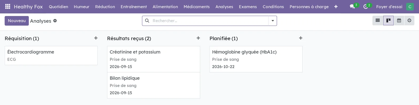 Analyses en colonnes Réquisition, Résultats reçus et Planifiée : un électrocardiogramme, deux prises de sang reçues, une hémoglobine glyquée planifiée