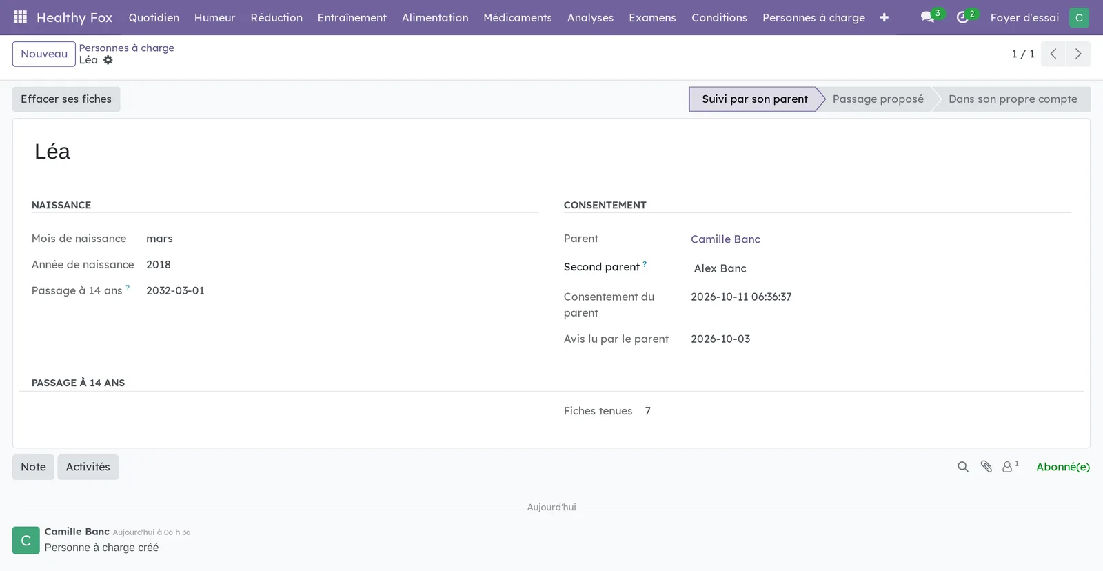Fiche de Léa : naissance en mars 2018, passage à 14 ans le 2032-03-01, parent Camille Banc, second parent Alex Banc, consentement daté, 7 fiches tenues