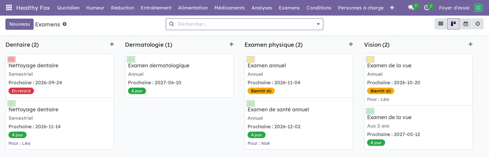 Examens rangés par type : un nettoyage dentaire En retard, un examen annuel et un examen de la vue Bientôt dû, les autres À jour, dont trois pour Léa et Noé